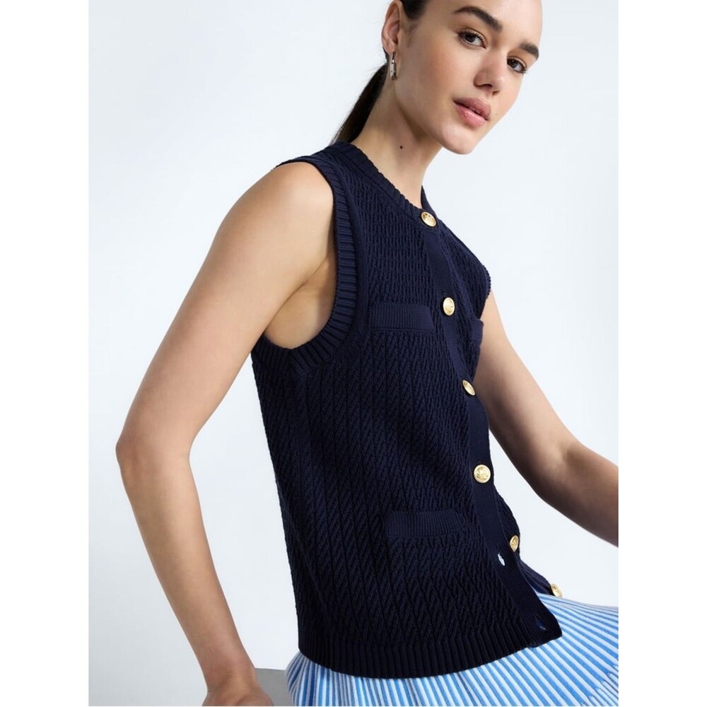 Free Assembly Navy Cable Knit Button Vest with Gold Buttons - Picture 4 of 9